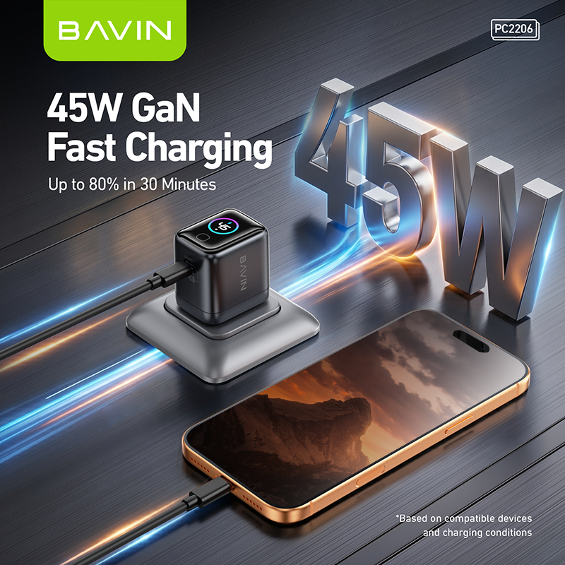 BAVIN PC2206 Mini 45W PD GaN Fast Charger Wall Adapter w/Smart Display+Foldable Plug for iPhone17/Laptop