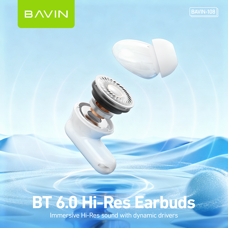 BAVIN BA108 Hi-Res Audio Wireless Bluetooth 6.0 Earbuds ANC+ENC Noise Reduction |Long Battery Life