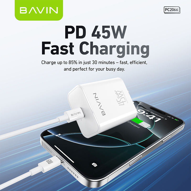 BAVIN C-PC2066-XX 45W GaN PD Fast Charger AC Adapter w/ Type-C to Type-C & Type-C to iPh Cables