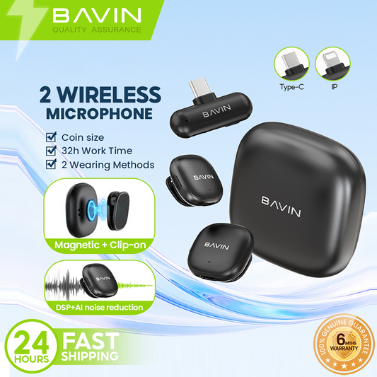 BAVIN MP105 Dual Wireless Microphone 50m Range, Plug & Play w/ 3-Mode Noise Cancellation, Case & LED for Type-C/ iPhone