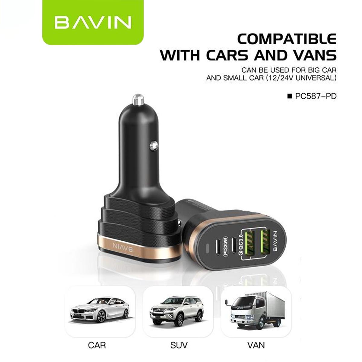 BAVIN PC587 40W Car Charger w/ Dual USB 3.0 + 20W PD Type-C Fast Charging for iPh & Android (Supports iPh17 Series)