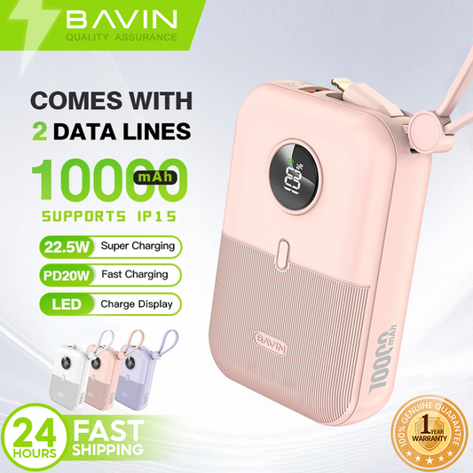 BAVIN Y-PC1089 10000mAh Mini Powerbank Fast Charging w/ Built-In Cable