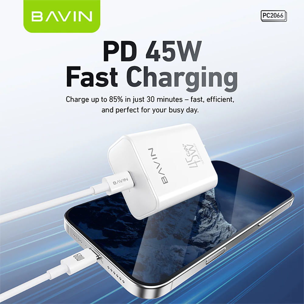 BAVIN PC2066 45W GaN PD Fast Charger w/ Type-C to iPh & Type-C to Type-C Cables for Smartphones (Supports iPh17 Series)