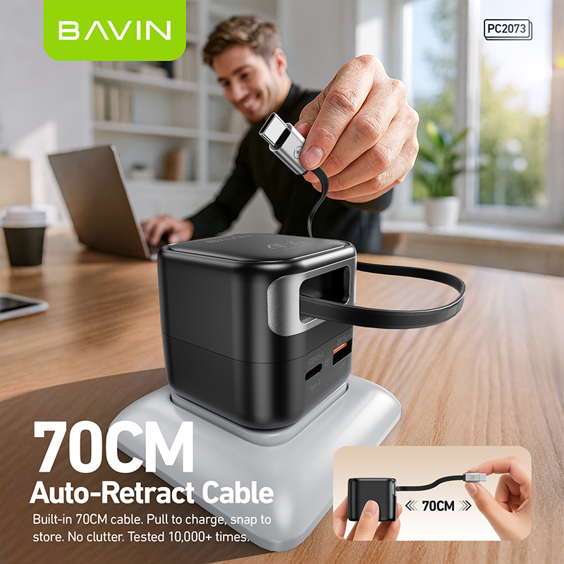 BAVIN C-PC2073 45W PD Fast Charger w/ Built-in Retractable Type-C & iPh Cable, Compatible w/ Smartphone / Laptop & Tablets