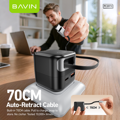 BAVIN C-PC2073 45W PD Fast Charger w/ Built-in Retractable Type-C & iPh Cable, Compatible w/ Smartphone / Laptop & Tablets