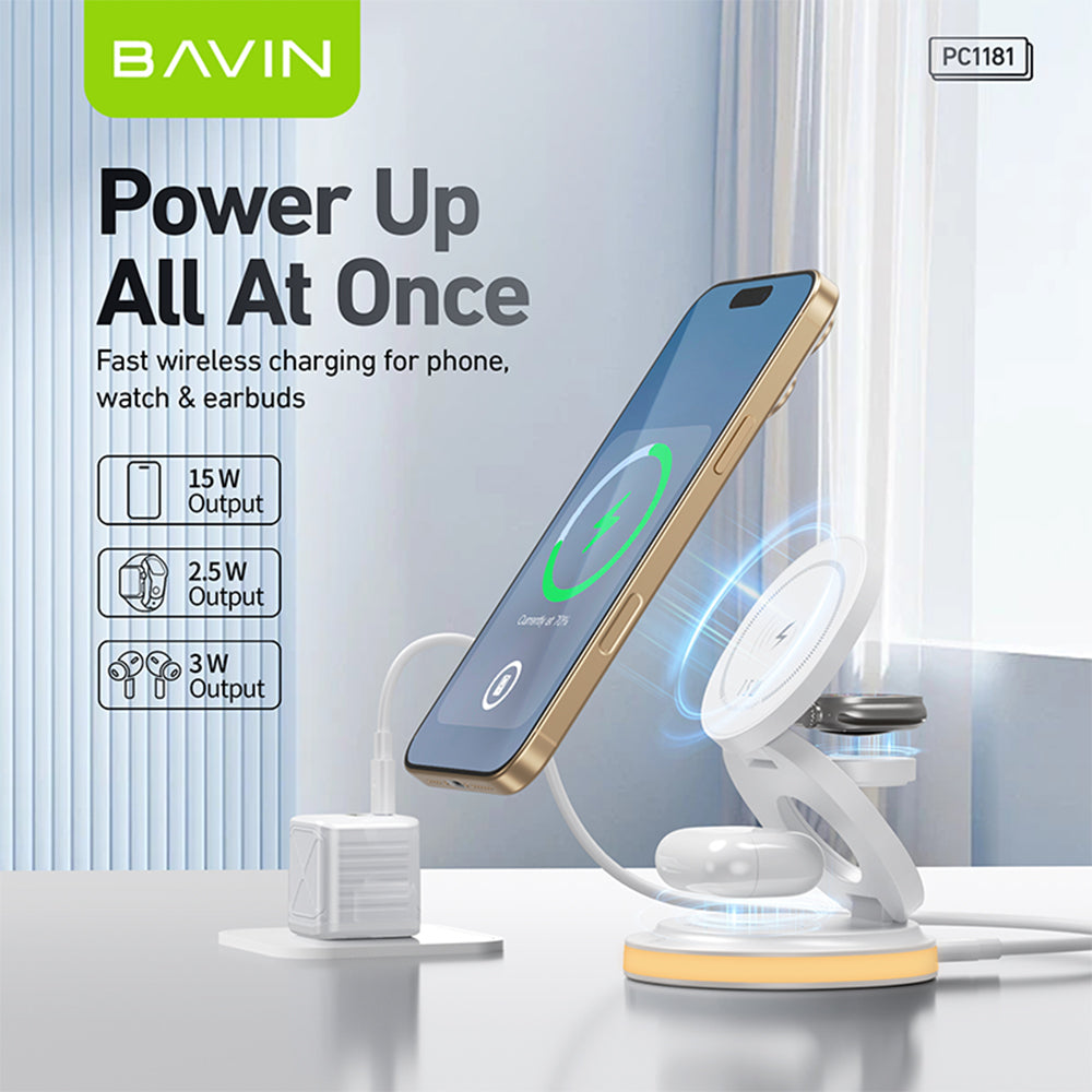 BAVIN Y-PC1181 3-in-1 Magnetic Wireless Charger 15W Fast Charging Dock for Phone / Watch / Earbuds Foldable w/ LED Light