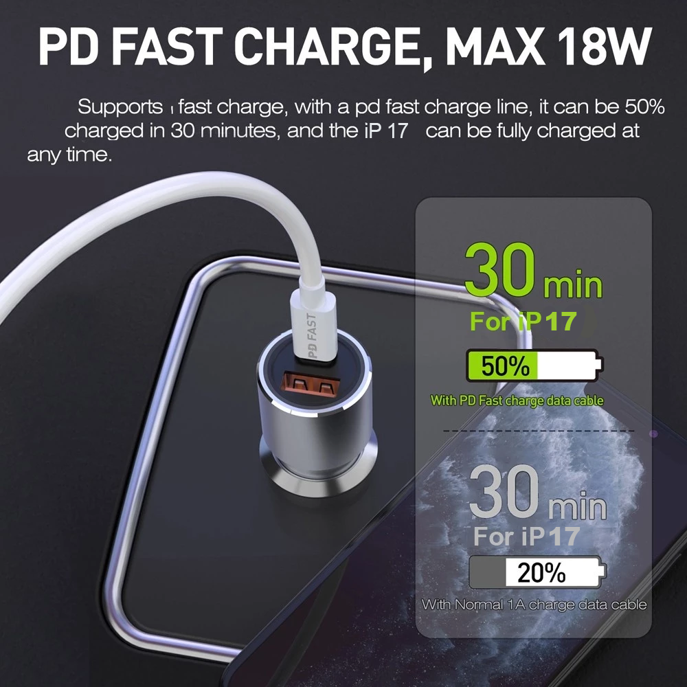 BAVIN PC329 36W Max PD Type-C + USB QC.30 Dual Port Fast Car Charger Set w/ 1m Cable Suitable for Android & iPhone 17