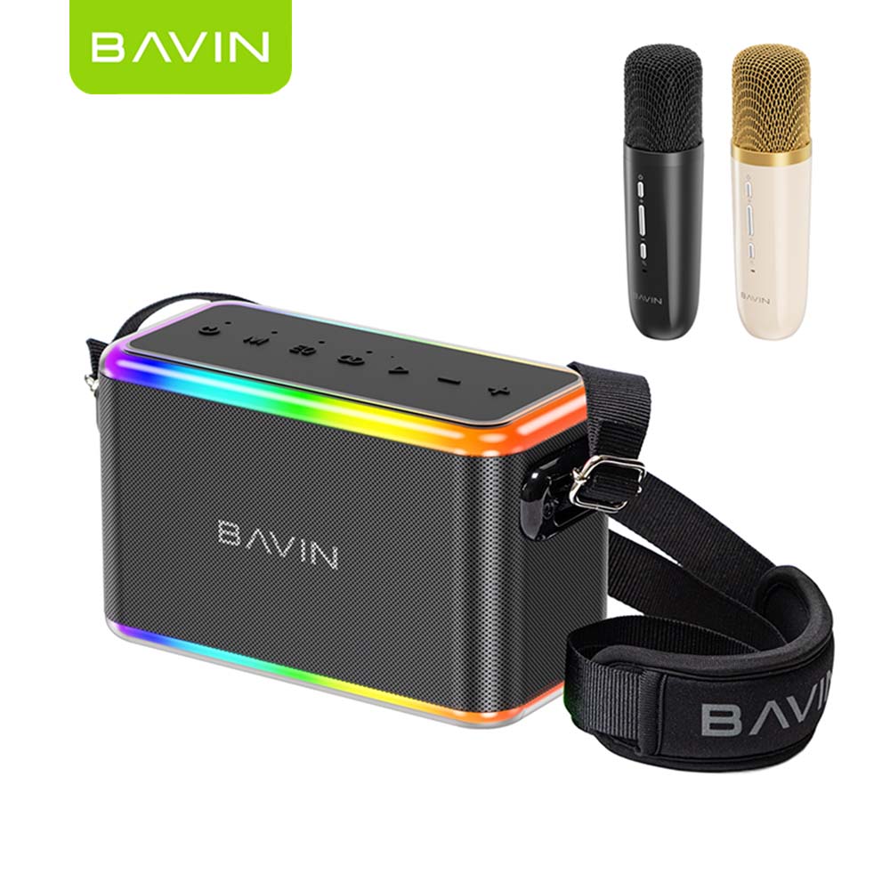 BAVIN DV-BM27 Outdoor Bluetooth Speaker Portable High-Power Karaoke Machine w/ RGB Lights Dual Wireless Microphones Black