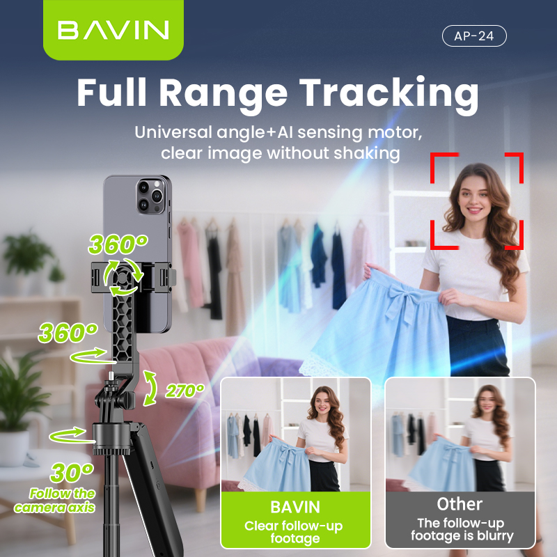 BAVIN D-Z-P24 AI Tripod Stand 360° Auto Face & Motion Detection w/ Wireless BT Remote Adjustable 32-180cm for Phone / Camera
