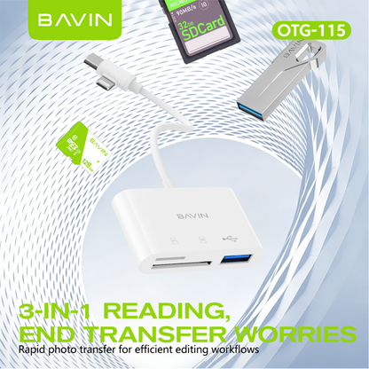 BAVIN O114 3-in-1 Memory Card Reader OTG Adapter iPhone & Type-C to USB,SD,TF Card Slot for Phone,Laptop