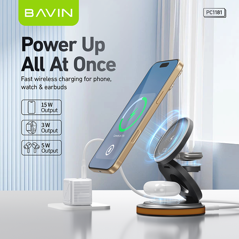 BAVIN PC1181 3in1 Magnetic 15W Wireless Charger Dock for Phone/Watch/Earbuds w/ Foldable Stand & LED