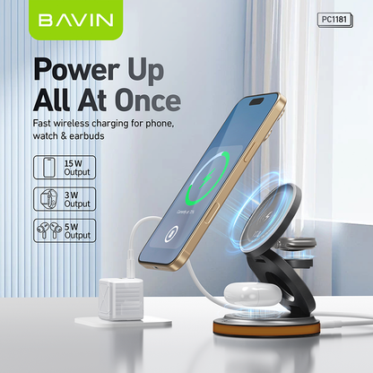 BAVIN PC1181 3in1 Magnetic 15W Wireless Charger Dock for Phone/Watch/Earbuds w/ Foldable Stand & LED