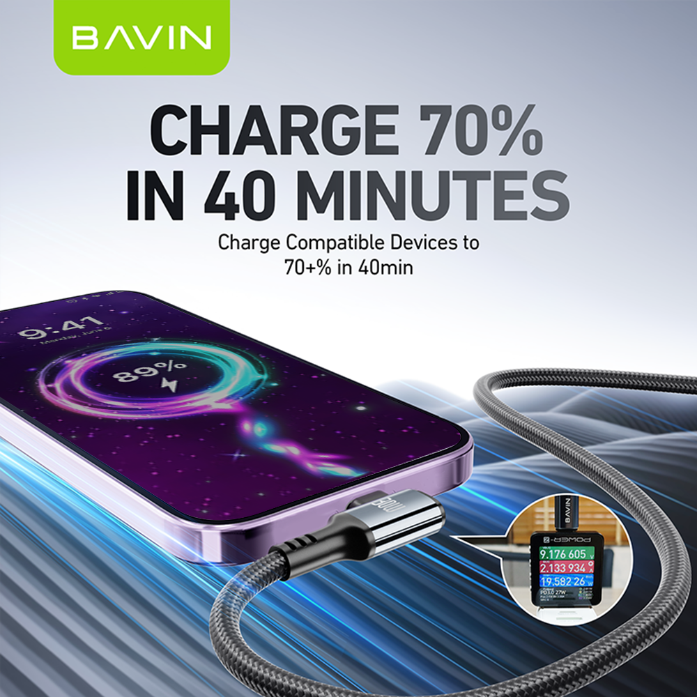 BAVIN CB333 30W Super Fast Charging 2M Nylon Braided & Data Transfer Cable Compatible For Type-C to iPh