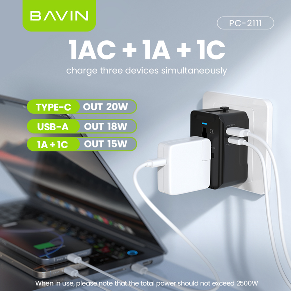 BAVIN PC2111 Universal Travel Adapter 20W Fast Charger USB-A + Type-C + QC | Multi-Port Plug w/LED Light