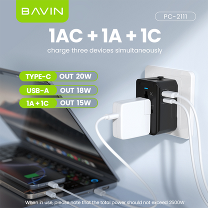 BAVIN PC2111 Universal Travel Adapter 20W Fast Charger USB-A + Type-C + QC | Multi-Port Plug w/LED Light