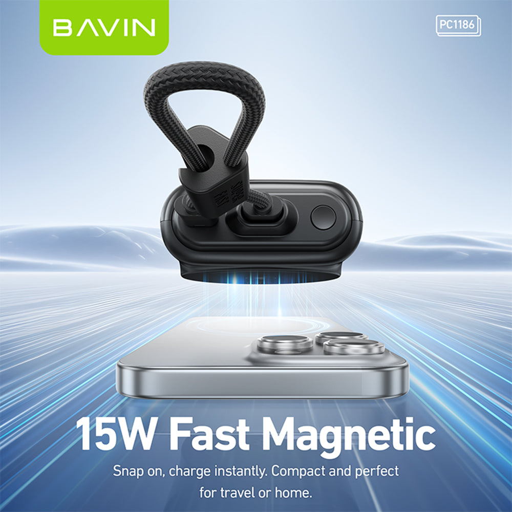 BAVIN Y-PC1186 10000mAh Mini Portable Magnetic Powerbank Wireless 15W Fast Charging w/ Detachable Dual Type-C Data Cable