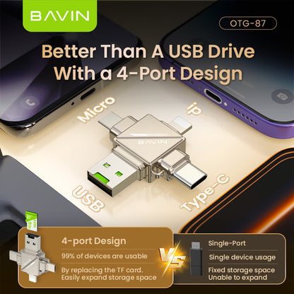 BAVIN U-O-87 4-in-1 Type-C / iPhone / Micro / USB 2.0 OTG Adapter & Card Reader TF/Micro SD Compatible iPhone 17 Series, 480Mbps