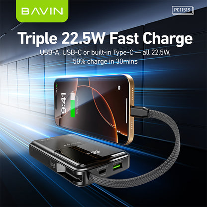 BAVIN PC1151 10000mAh Powerbank w/ 22.5W Triple Fast Charging Built-in Type-C & iPhone Cables | Smart LED Display
