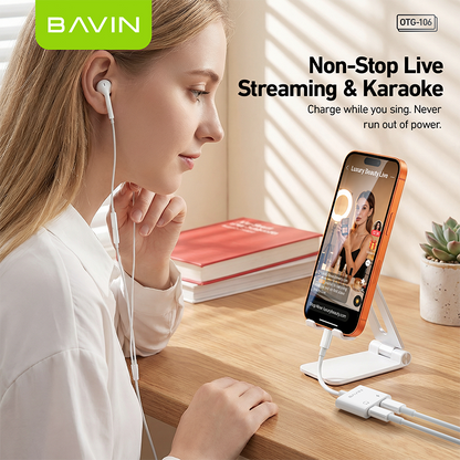 BAVIN O106 Hi-Fi Audio & Charging 2-in-1 Type-C to Dual Type-C OTG Adapter for Phones, Tablet & Laptop