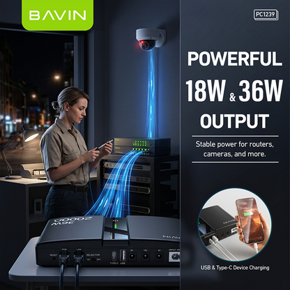 BAVIN PC1238 Portable 18W/36W 20000mAh UPS Uninterrupted Backup Powerbank for PoE Sensor, Router, CCTV