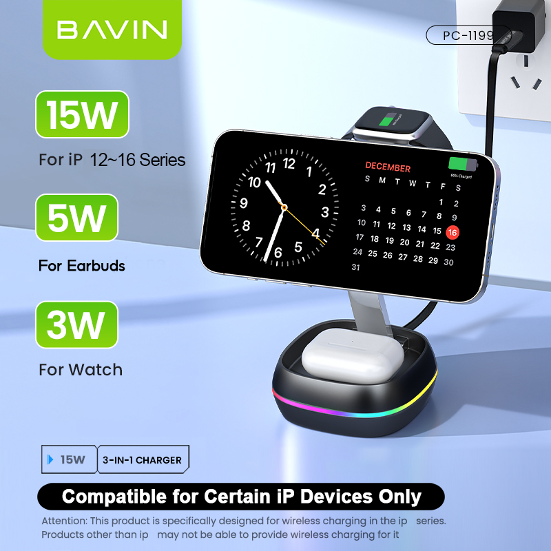 BAVIN C-W-PC1199 3in1 Magnetic Wireless Charger 15W Retractable Type-C Input & Foldable Stand for Phone Watch & Earbuds
