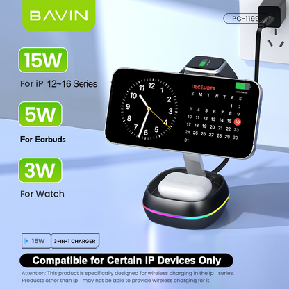 BAVIN C-W-PC1199 3in1 Magnetic Wireless Charger 15W Retractable Type-C Input & Foldable Stand for Phone Watch & Earbuds