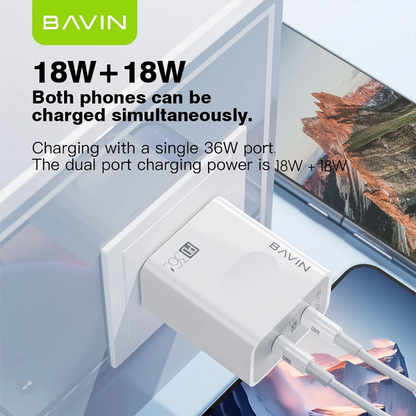 BAVIN PC859 36W Super Fast Charging Dual Port PD + QC3.0 w/ 1 Meter Data Cable Widely for Laptop Supports / iPhone 17