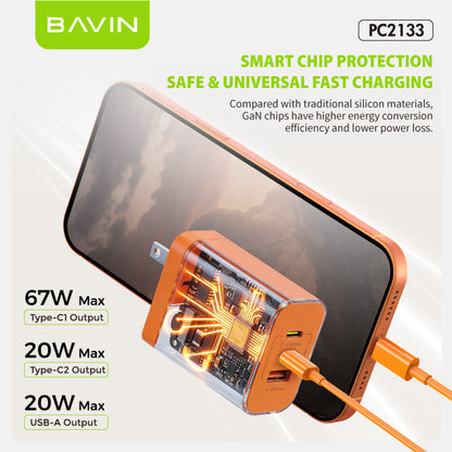 BAVIN PC2133 3in1 67W GaN Fast Charging Charger Dual Type-C + USB Ports w/ 1m Cable for Laptop, Phones