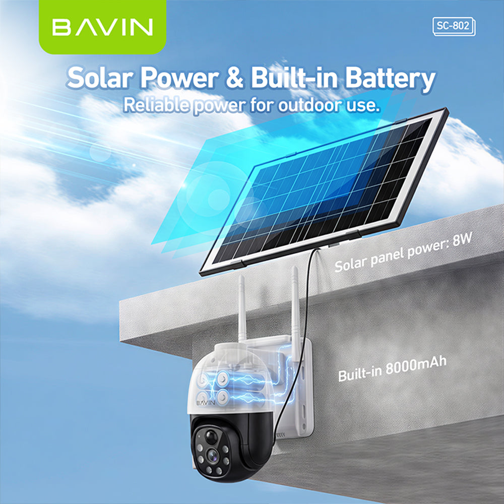 BAVIN SC802 Solar-Powered Outdoor Pan Wireless Security CCTV Camera 5MP HD PTZ Camera w/Weatherproof