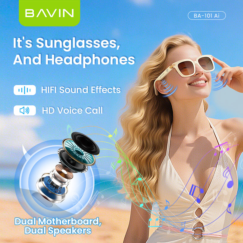 BAVIN BA101 Ai Smart Translation Sunglasses BT 5.4 w/ 130+ Languages, Open-Ear Hi-Fi Sound, Touch Control & UV Protection