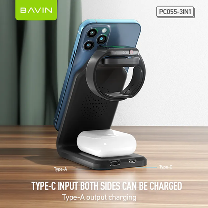 BAVIN PC055 3in1 Multifunctional Phone Stand w/ 15W Wireless Charger for iPhone Watch & Earbuds