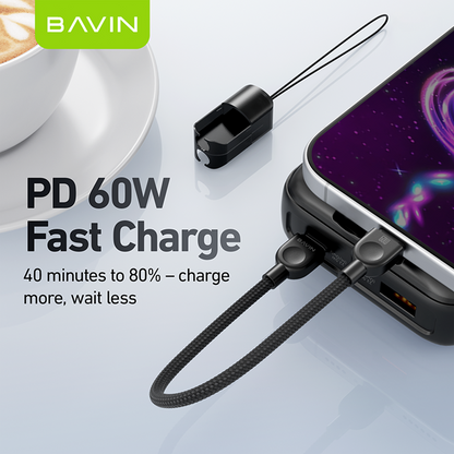 BAVIN CB411 Portable PD 60W Fast Charging 18.5cm Data Cable | Type-C to C / Type-C to iPhone | Lanyard Design Durable