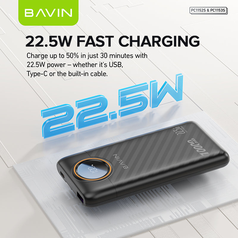 BAVIN PC1152 10000mAh / PC1153 20000mAh 22.5W Fast Charging Powerbank w/ LED Display+ Built-in Cable
