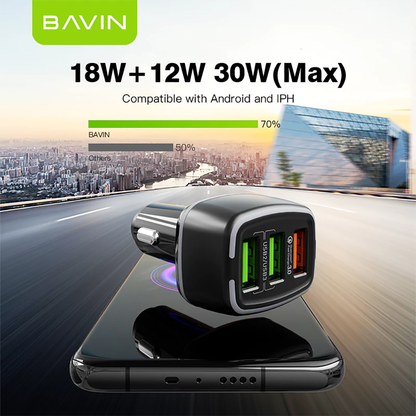 BAVIN PC896 Car Charger Multiple 3 Ports 18W & 12W Ultra Fast Charging USB QC3.0 Cell Phone Quick Charger Adapter