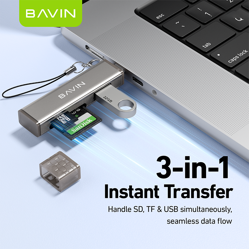 BAVIN O92 3-in-1 USB2.0 Portable Card Reader TF + SD + USB OTG w/480Mbps For Laptop, Smartphone, Tablet & OTG Supported