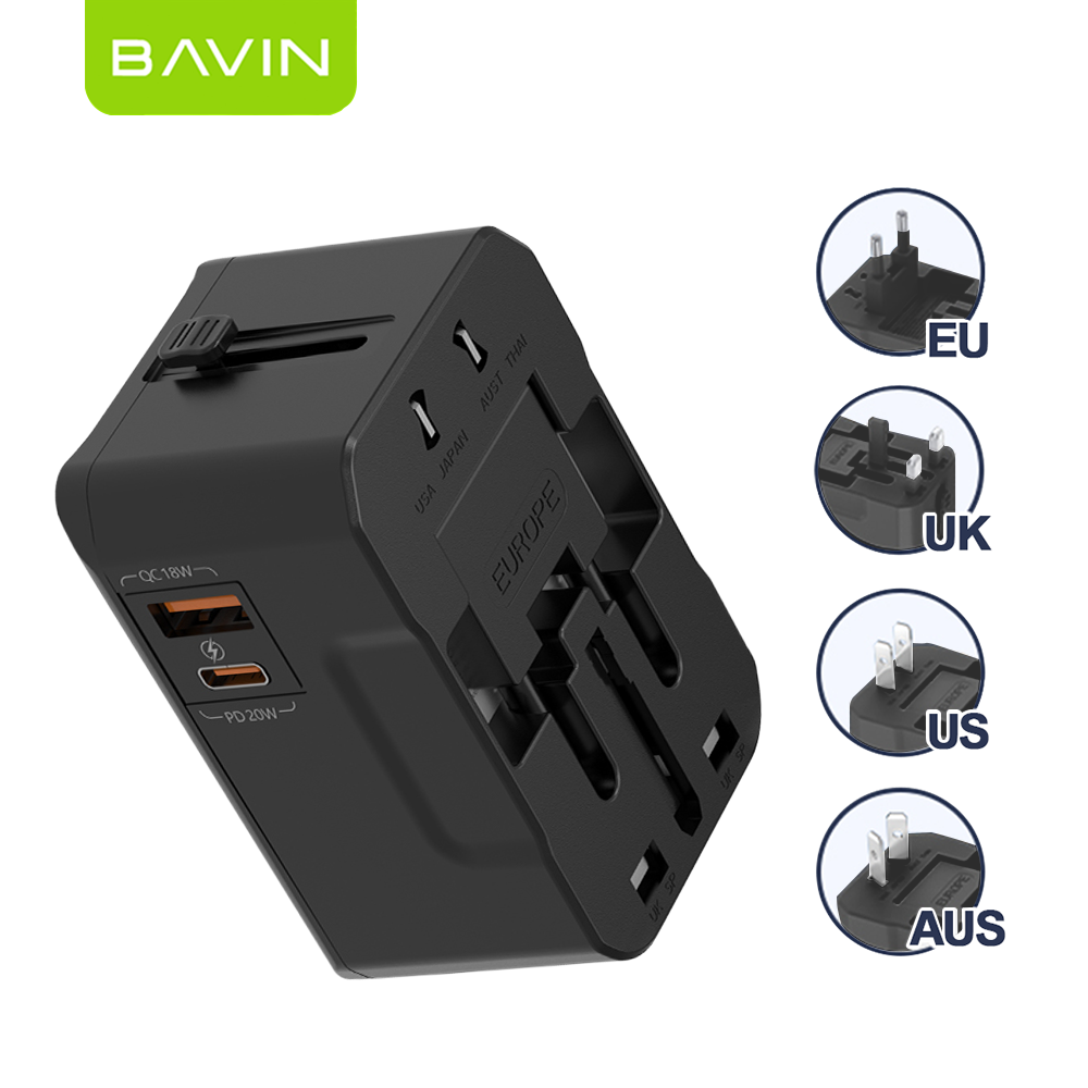 BAVIN PC2111 Universal Travel Adapter 20W Fast Charger USB-A + Type-C + QC | Multi-Port Plug w/LED Light