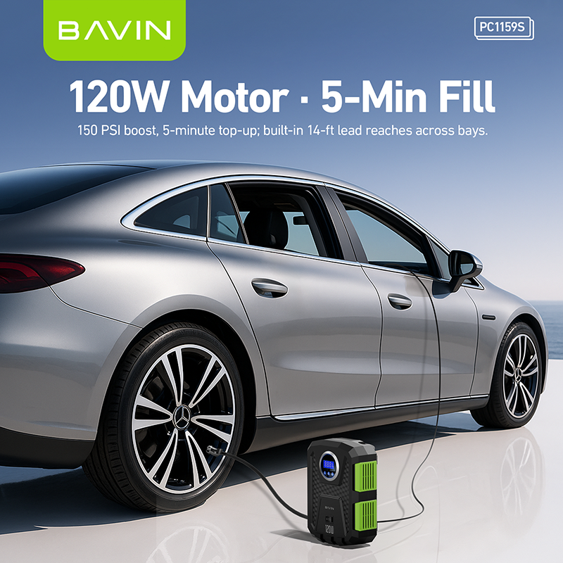 BAVIN Z-PC1159 12V Portable Digital Tire Inflator w/ 150 PSI High Speed Air Compressor for Car, Motor, Bike & Sports Balls