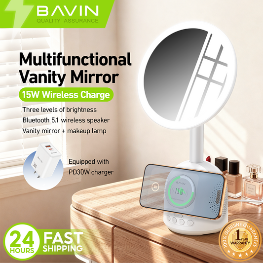 BAVIN BM29 Multifunctional Makeup Mirror Bluetooth Speaker w/ 15W Magnetic Wireless Fast Charging + Freebie 30WPD Charger