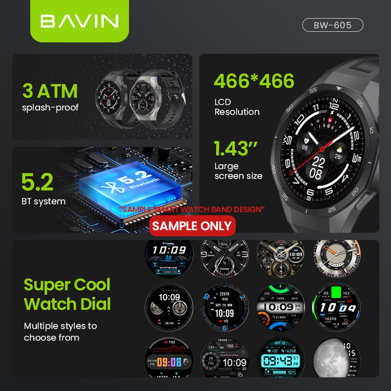 BAVIN BW-605 Smart Watch 1.43" HD | 123+ Sports Modes | AI Voice | Health Monitor | 3 ATM Waterproof