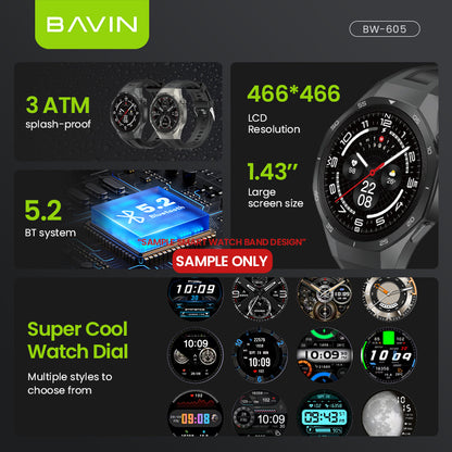 BAVIN BW-605 Smart Watch 1.43" HD | 123+ Sports Modes | AI Voice | Health Monitor | 3 ATM Waterproof