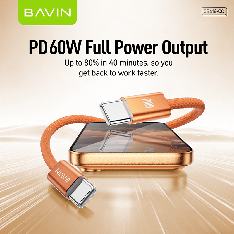 BAVIN CB416 Fast Charging PD 60W Braided 1M Data Cable Type-C to Type-C/Type-C to iPhone|480 Mbps Compatible with iPhone 15-17 & Type-C Devices