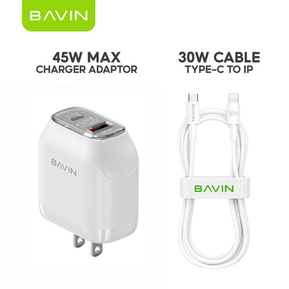 BAVIN PC2165 45W PD QC3.0 USB-C+22.5W USB Fast Charging Charger w/ 1M Cable for iPh 17/Android/Laptop