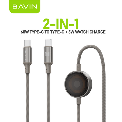 BAVIN CB405 60W 2-in-1 Magnetic Charging Cable Fast Charge & 1m Data Cable w/ 3W Smartwatch Magnetic Charger