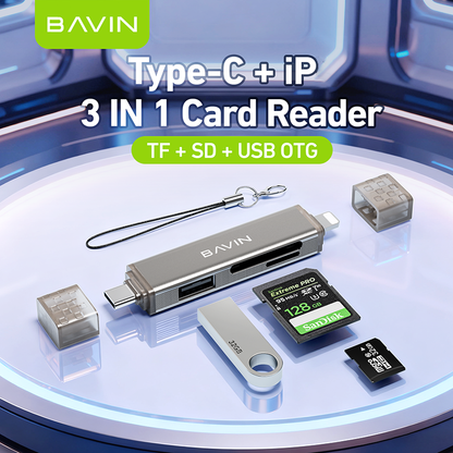 BAVIN O92 3-in-1 USB2.0 Portable Card Reader TF + SD + USB OTG w/480Mbps For Laptop, Smartphone, Tablet & OTG Supported