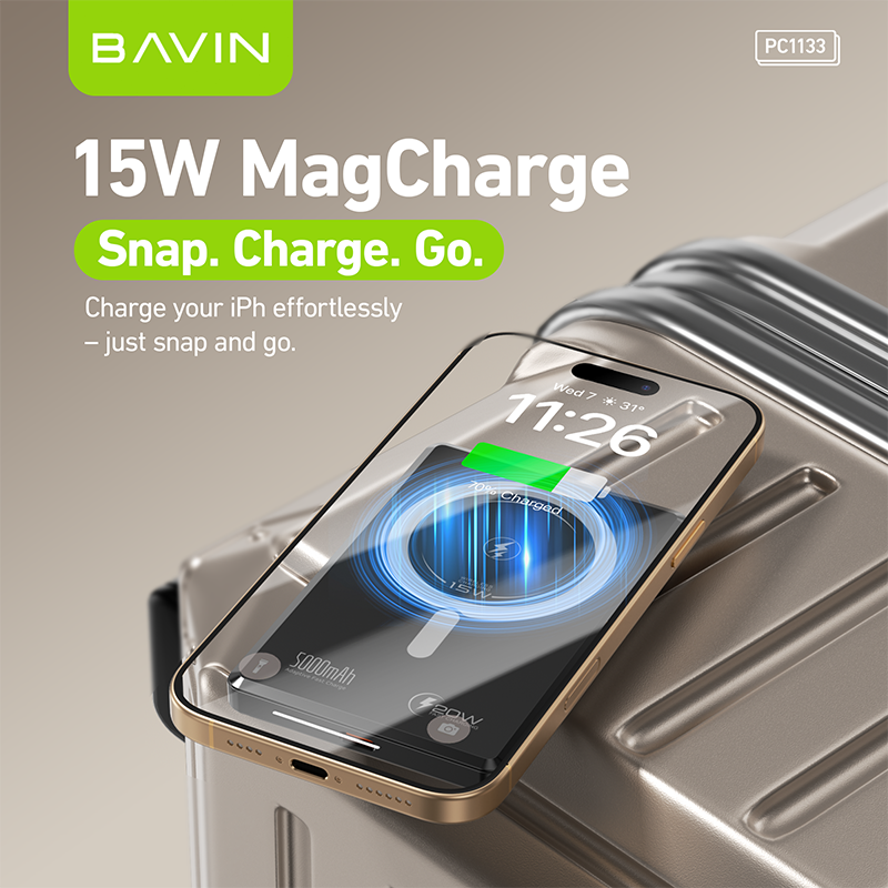 BAVIN Y-PC1133 5000mAh Ultra Thin Magnetic Wireless Powerbank w/ 20W Fast Charging Type-C In / Output for Smartphones