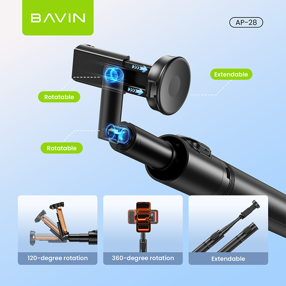 BAVIN P28 Multifunctional Bluetooth Selfie Stick w/ Wireless Remote, Adjustable Phone Stand, Portable Travel Tripod for Smartphones