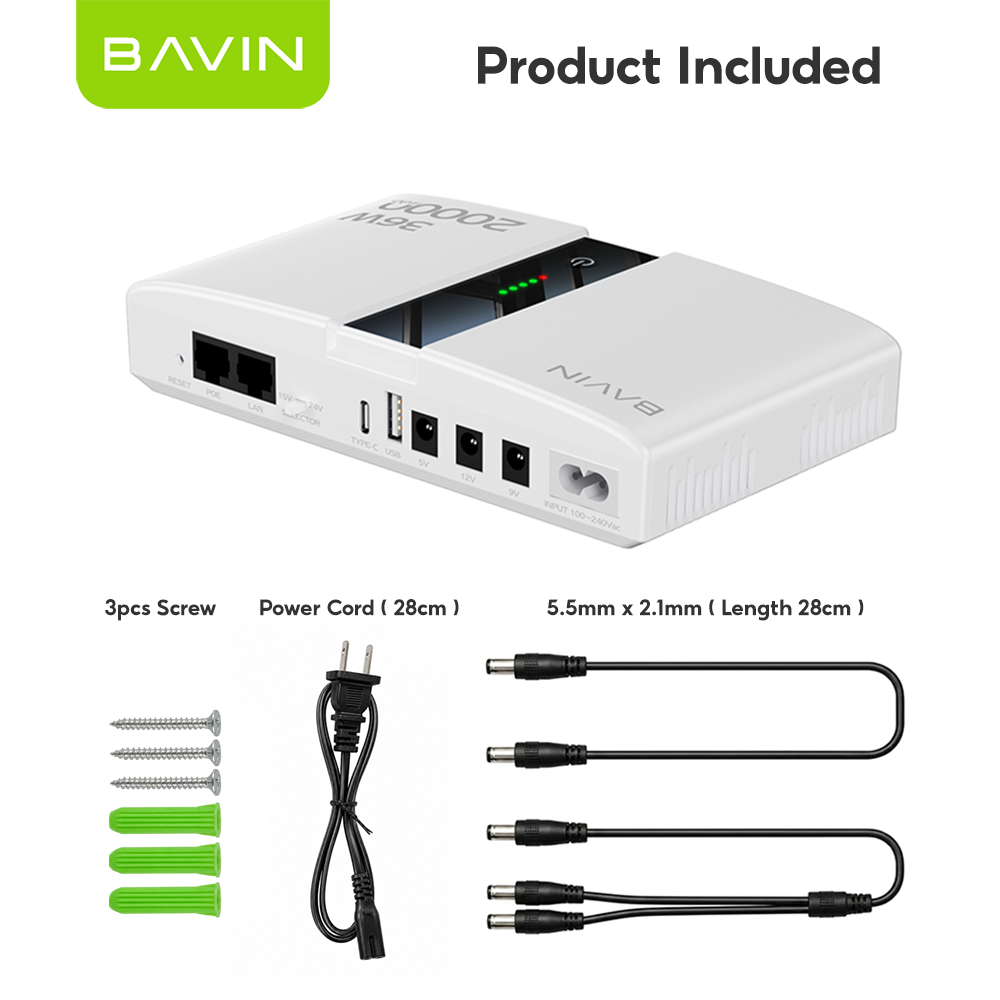 BAVIN PC1238 Portable 18W/36W 20000mAh UPS Uninterrupted Backup Powerbank for PoE Sensor, Router, CCTV
