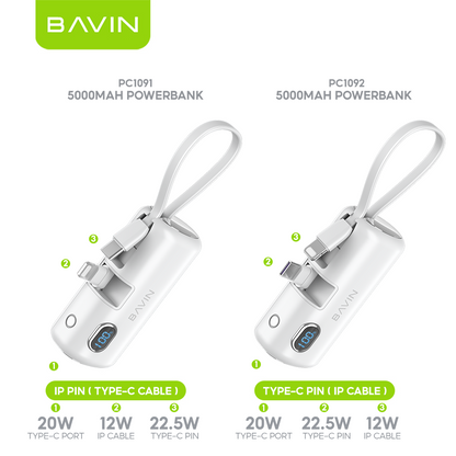 BAVIN PC1091S 5000mAh / PC1201S 10000mAh Mini Fast Charging Powerbank 22.5W USB-C Input/Output, Built-in Cable & Stand