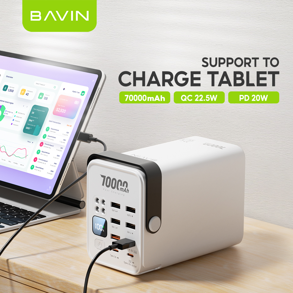 BAVIN PC1062 70000mAh Fast Charging Power Bank QC 3.0 22.5W + PD 20W w/ 6x USB & 2x Type-C Port