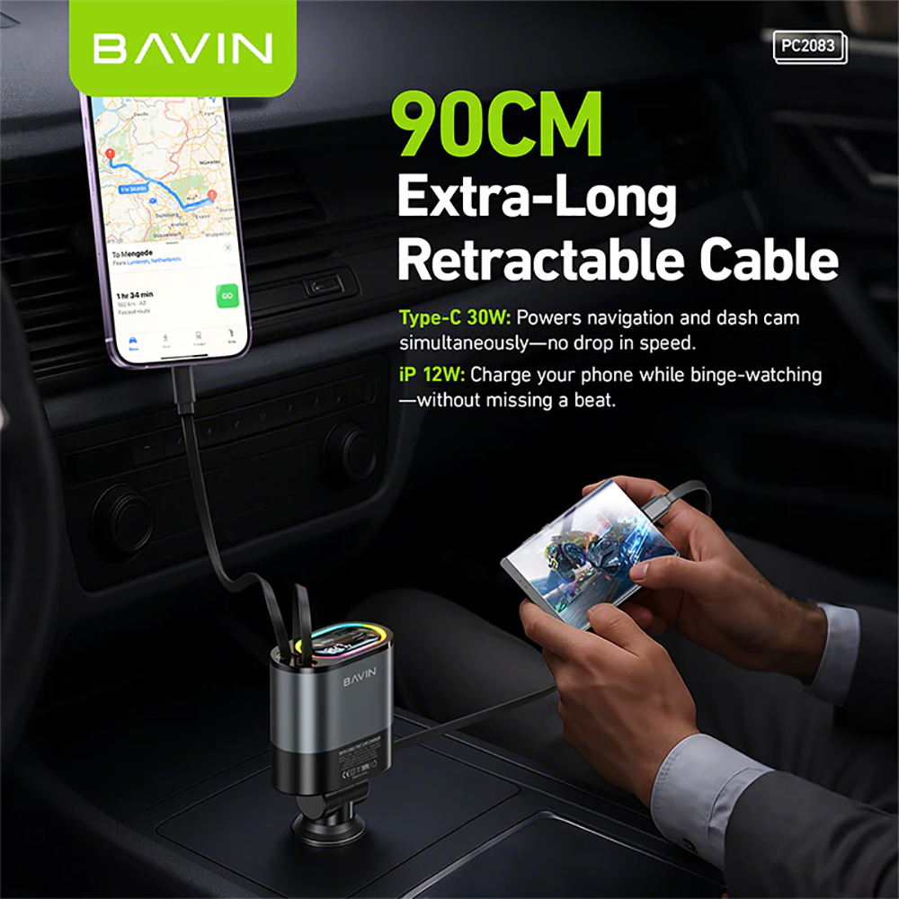 BAVIN PC2083 4-in-1 48W Fast Charging Car Charger with Retractable Cables for iPhone & Android (Supports 17 Series)
